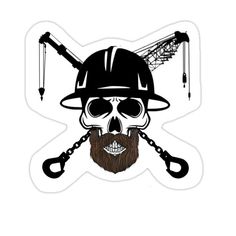 a sticker with a skull wearing a hard hat and chains on it's face