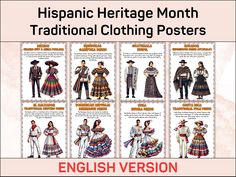 ★ DIGITAL DOWNLOAD ONLY - No physical item will be shipped Celebrate Hispanic Heritage Month with this vibrant collection of Traditional Clothing Posters (English Version)! This set features 21 beautifully illustrated posters showcasing traditional attire from various Hispanic countries. Perfect for classroom decor, cultural studies, or geography lessons, these 8.5x11 posters bring Latin American heritage to life with stunning visuals and informative descriptions. Product Details: ★ Number of Posters: 21 ★ Poster Size: 8.5x11 inches, easy to print and display ★ High-Quality Illustrations with vibrant colors ★ Short descriptions about the cultural and historical significance of each attire Featured Countries and Attires: ★ Argentina - Gaucho Attire ★ Bolivia - Pollera and Andean Dress ★ Chi Hispanic Countries, Hispanic Heritage Month Activities, Rumba Dresses, Cultural Dress, Spanish Clothing, Country Attire, Flamenco Dress, Geography Lessons, Cultural Studies