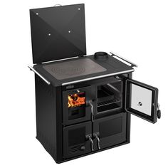 an image of a black stove with the door open