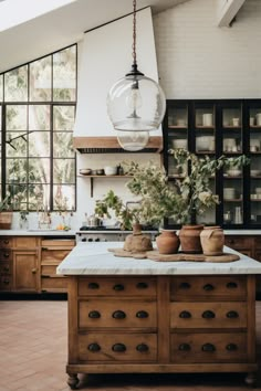 a kitchen with lots of pots and plants on the counter top in front of large windows