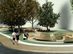 an artist's rendering of a park with benches, trees and people walking around