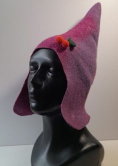 "Purple pink Felt hat ''Gnome who loves cherries'', Merino wool hat for girl, designer felted hat, felted animal hat, fantasy hat Handmade felt hat for a child \"Gnome who loves cherries\".  Demi- season. Suitable for weather range -2....+6) Head circumference 49-50cm (19.6-20 inches). For2-3 years old. 100% natural wool. Made of high quality wool. The hat is light, thick, soft and does not have the \"tickling\" wool effect" Coloring Wall, Fantasy Hat, Handmade Felt Hats, Wool Painting, Felted Hat, Electric Forest, Gnome Hat, Pink Felt, Felt Fairy