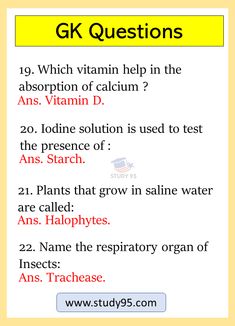 the answers for gk questions are shown in red and yellow, with an orange background