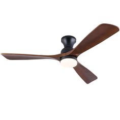 a ceiling fan with two wooden blades and a light on the top one is black