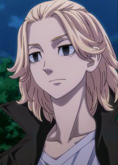 an anime character with blonde hair and blue eyes looking at the camera while wearing a black jacket