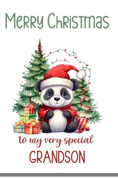 a christmas card with a panda bear sitting in front of a christmas tree and presents