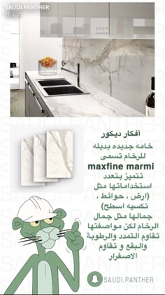 an advertisement for a kitchen with white cabinets and marble counter tops, including a green cat