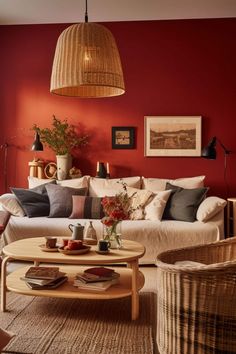 a living room with red walls and furniture in the center, coffee table on top of it