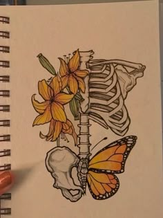 a drawing of a skeleton holding flowers and a butterfly on it's back,