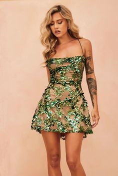 Champagne Eyes Mini Dress - Green Vegas Wedding Guest Dress, Mini Wedding Guest Dress, Wedding Guest Dress Green, Vegas Wedding Guest, Red Dress Day, Jumpsuit Dressy, Sequin Outfit, Green Sage, Casual Rompers