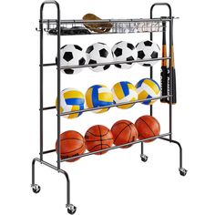 a rack with balls and sports equipment on it