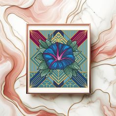 a blue flower with green leaves on a marble background in an art nouveau style frame