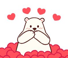 a polar bear sitting in the middle of hearts with his hands on his chest and eyes closed