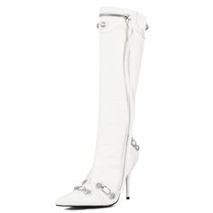 PRICES MAY VARY. Crafted from crinkled finish leather with breathable lining and padded insole, these women's knee high stiletto boots are comfortable in all seasons and have anti-skid rubber sole for improved grip. Sit atop a 3.94 in stiletto heel to look sexy and charming. With side zip, these knee high punk boots are easy to put on and off. With peculiar studded, buckled, tassel and zipper accents; complete punk style look with these motorcycle knee high heels. Perfect for daily, casual, offi Luxury Fitted White Knee-high Boots, High Heel Knee High Boots, White Leather High Heel Knee-high Boots, White Leather Knee-high Boots With Snip Toe, White Knee-high Medium Width Heeled Boots, Booties Dress, Knee High Stiletto Boots, White Leather Knee-high Boots With Reinforced Heel, Heel Knee High Boots