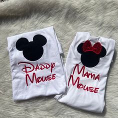 two mickey mouse shirts with the words daddy and mama mouse on them