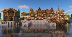 Medieval Minecraft Castle Builds, Minecraft Mining Town, Minecraft Medieval Town Center, Port City Minecraft, Minecraft Village Town Square, Minecraft Medieval City Ideas, Pirate Town Minecraft, Minecraft Island Town