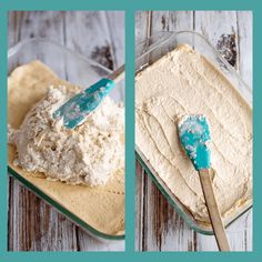 two pictures showing the process of making cake batter in a glass dish with a blue spatula