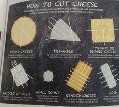 an open book with instructions on how to cut cheeses and other things in it