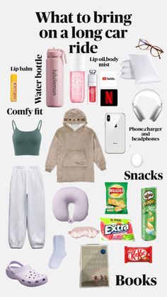 a poster with the words what to bring on a long car ride and other items