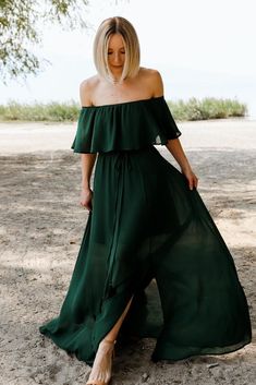 Victoria Hunter Green Off Shoulder Maxi Dress | Baltic Born Emerald Wedding Colors, Kimono Maxi Dress, Maxi Dress Outfit, Wedding Colors Blue