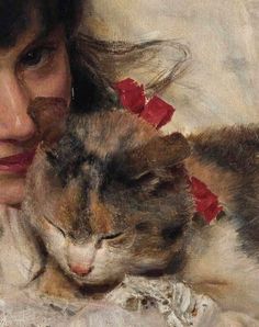 a painting of a woman holding a cat with her face close to the camera,