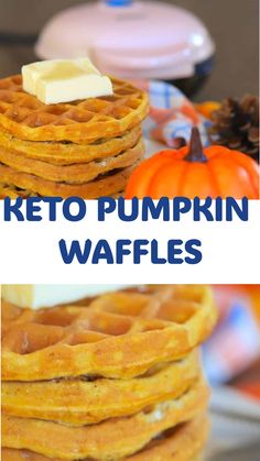 keto pumpkin waffles stacked on top of each other