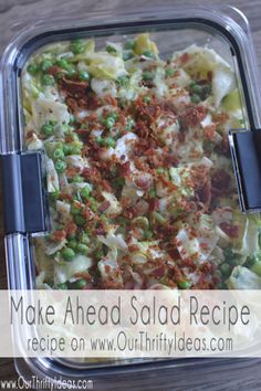 a casserole dish with peas and other toppings in a plastic container on a wooden table