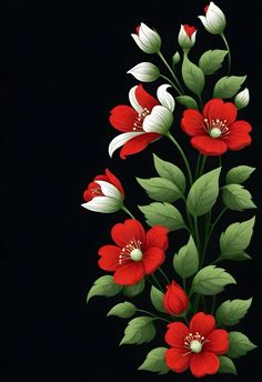 red and white flowers with green leaves on a black background