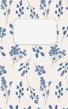 blue and white flowers with a blank sign in the middle on a beige background that says,