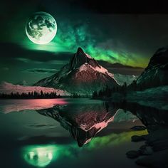 an image of a mountain lake with the moon in the sky and stars above it