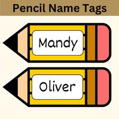 two pencils with name tags on them