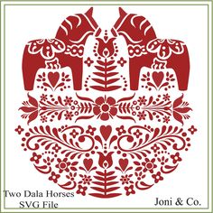 the two dala horses svg file is shown in red and white with floral designs