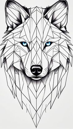 a drawing of a wolf's head with blue eyes and geometric lines on it