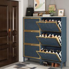 a blue and gold shoe rack next to a door