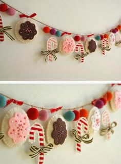 two pictures of christmas decorations hanging on the wall, one is decorated with candy canes and candies