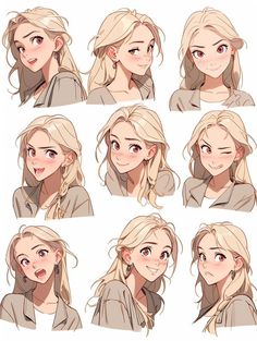 various poses and expressions for a woman's face, including the hair in different ways