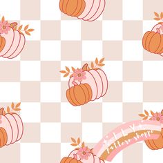 an orange and pink pattern with pumpkins on it's sides, in the middle of a checkered background