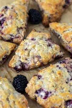 blueberry scones with blackberries are arranged on a piece of parchmented paper