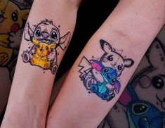 two people with matching tattoos on their legs, one has a small dog and the other has a baby pikachu