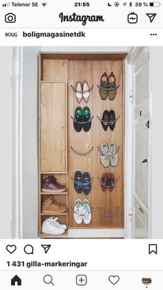 a wooden shoe rack with shoes hanging on it's sides and the bottom shelf