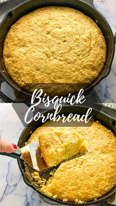 two images showing how to make biscuit cornbread in a cast iron skillet