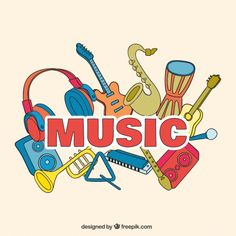 the word music surrounded by musical instruments