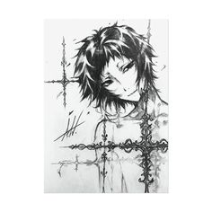 a black and white drawing of a girl with short hair, wearing a cross on her shoulder