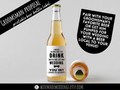 a bottle of beer next to a donut with an ad for a wedding party