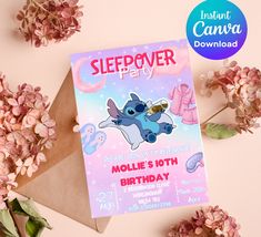 a sleepover party with pink flowers and card