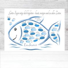 a card with an image of a blue fish on it's side and the words,