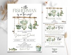 a set of three baby shower items on a white background with the words fisherman is in the