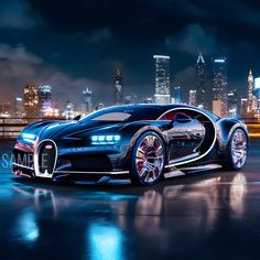 the bugatti supercar is parked in front of a cityscape at night