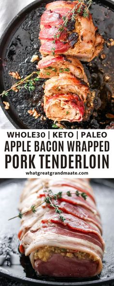 an apple bacon wrapped pork tenderloin is shown on a grill with text overlay