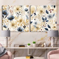 two floral paintings on a wall in a living room